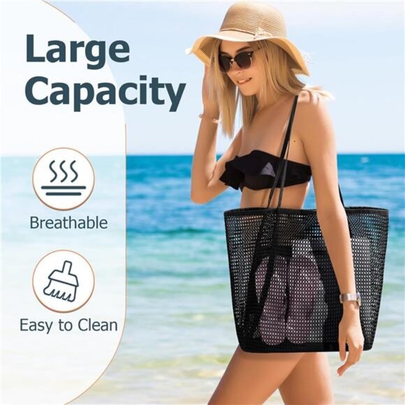 Large Mesh Beach Tote Bag – Waterproof & Foldable with Zippered Pocket - Picture 3 of 8